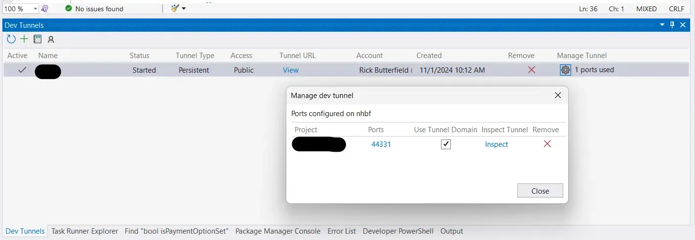 The "Manage dev tunnel" window open with "Use Tunnel Domain" checkbox ticked.