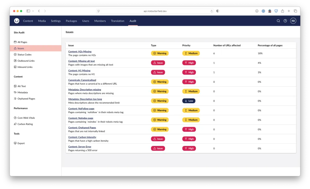 A list of issues within the ContentAudit section.